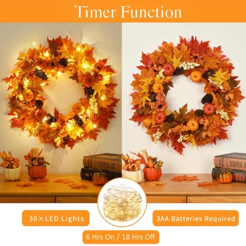 22 Inch Fall Wreath with Lights - Autumn Front Door Decor, 1 Pack
