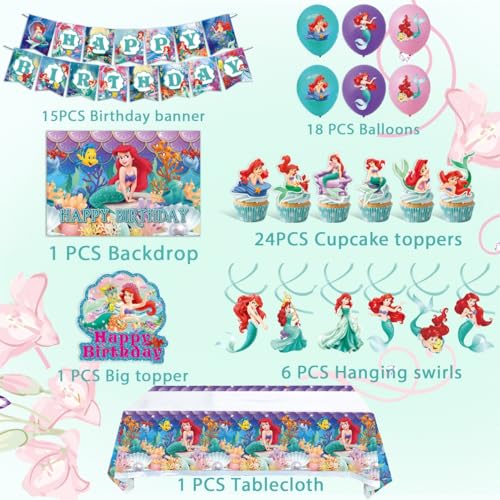 Little Mermaid Birthday Party Decorations Set with Banner Backdrop Balloons & Toppers