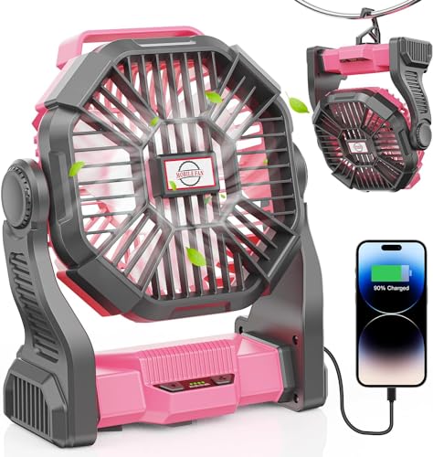 Pink Portable Battery-Powered Camping Fan with LED Light & 20,000mAh Power Bank
