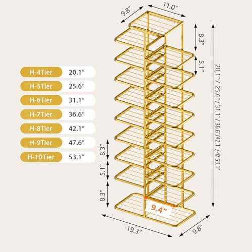 Gold Shoe Rack Tower - Narrow 7-Tier Metal Organizer for Small Spaces