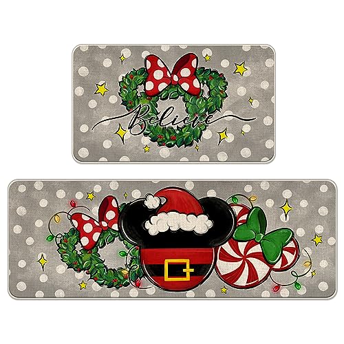 Tailus Christmas Gray Mouse Front Door Mat - Peppermint Candy Wreath 17x29 In
