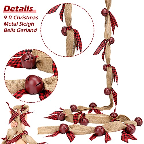 Tatuo Black and Red Rustic Burlap Garland with Bells, 9ft Christmas Decor