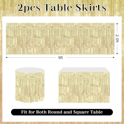 Timecity 2 Pack Champagne Foil Table Skirts 29.5x108 Inch Metallic Fringe Party Decor
