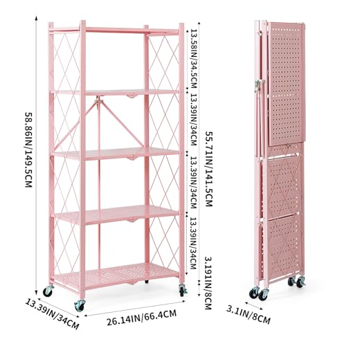 Pink 5-Tier Foldable Metal Storage Shelves on Wheels - Heavy Duty Organizer