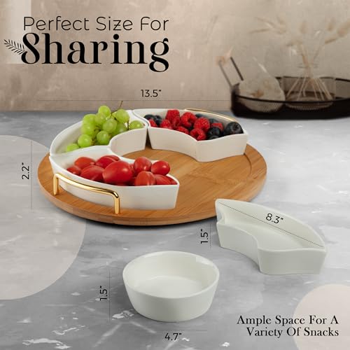 Chip and Dip Serving Set with 5 Bowls & Lazy Susan - 13.5" Ceramic Tray