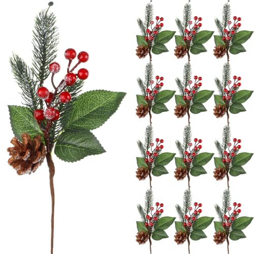 Boao 12 Pcs 11'' Large Christmas Pine Picks - Snowy Leaves, Holly Berries & Pine Cones