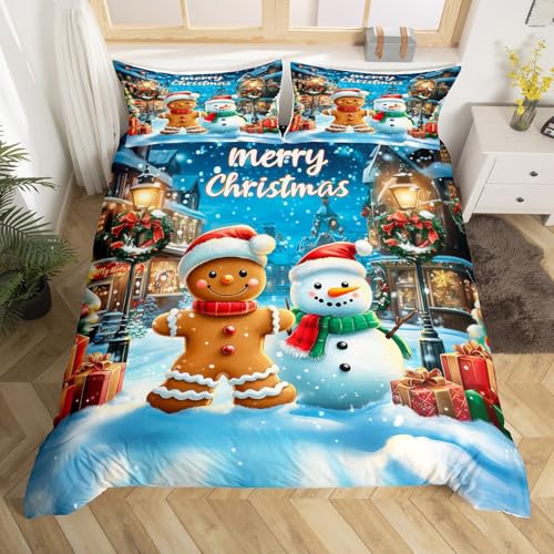 Manfei Blue Brown King Size Kids Bedding Set Gingerbread Snowman Christmas Quilt Cover