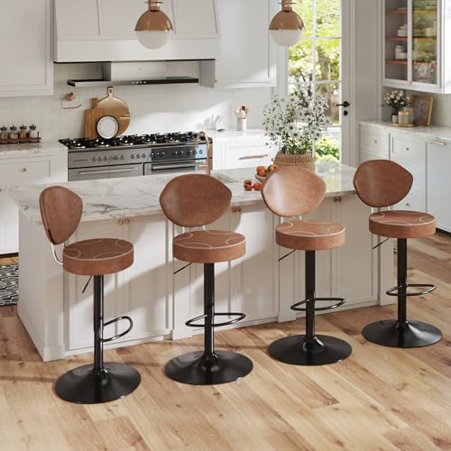 Ermnois Set of 2 Adjustable Brown Suede-Like Leather Swivel Bar Stools