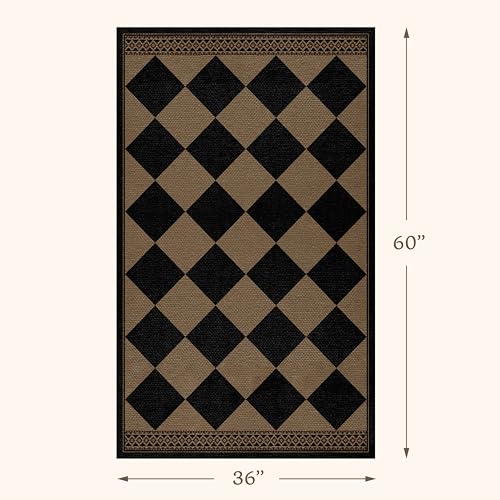 3' x 5' Indoor Outdoor Checkered Jute Style Rug - Black & Brown Non Slip Mat