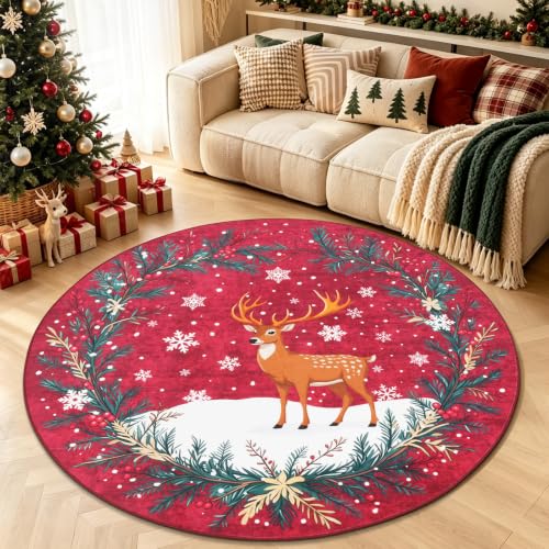 Famibay 6ft Round Christmas Rug with Reindeer & Holiday Design - Washable & Non-Slip Red Living Room & Bedroom Decor
