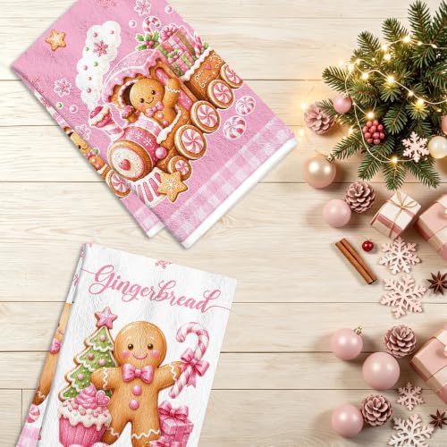 MOIZYNG Pink Christmas Gingerbread Kitchen Towels Set of 4 - Holiday Dish Towels