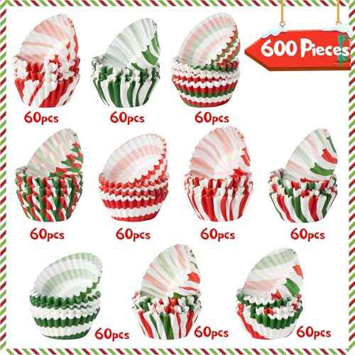 COcnny Christmas Mini Cupcake Liners - 600pcs Merry Christmas Candy Baking Cups Muffin Cupcakes Wrappers, Xmas Tree Santa Disposable Chocolate Cake Wrap Making Supplies for Xmas Eve Party (10 Styles)