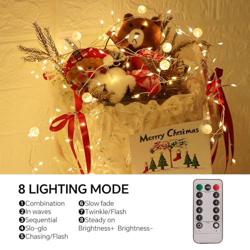 Battery Powered Fairy Lights with Remote, 100 LED Cluster Lights Christmas Waterproof Twinkly Globe String Lights for Christmas Tree Copper Wire Firecracker Light for Bedroom Indoor Decoration