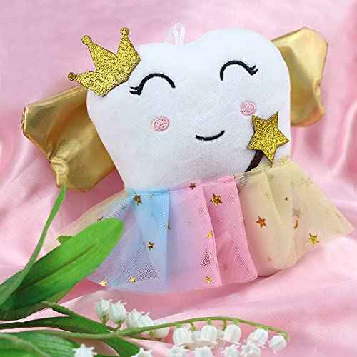 Cute Tooth Fairy Pillow with Wings and Colorful Skirt Tooth Fairy Doll with Pocket on Back Toothfairy Keepsake Gift for Girl and Boys