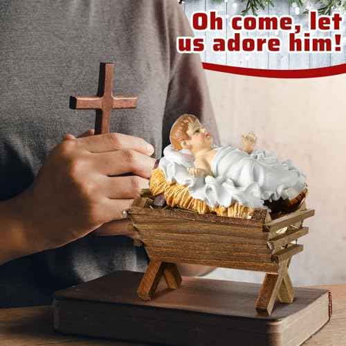 Menkxi Baby Jesus Manger Ornament Wooden Manger with Natural Hay Jesus Nativity Scene Decoration Religious Christmas Decoration Mini Manger for Indoor Nativity Scene