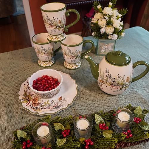 Ceramic Winter Forest Teapot 36 oz. - Holiday Pinecones & Evergreen Design