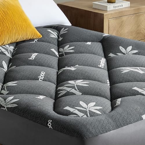 Queen Mattress Topper Black - Thick Viscose Bamboo Pillow Top, Deep Pocket Fit