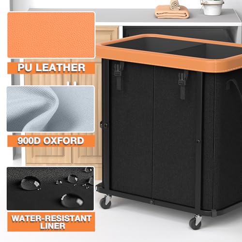 Leather Patchwork Laundry Basket with Wheels - 190L 2-Section Black