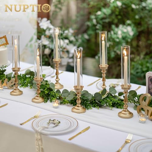 Set of 6 Gold Hurricane Candle Holders with Glass Shades - Vintage Taper Holders