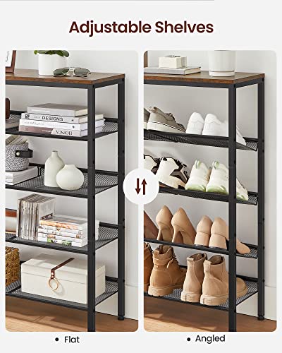 VASAGLE 5-Tier Adjustable Shoe Rack Rustic Brown & Ink Black - Freestanding Entryway Organizer