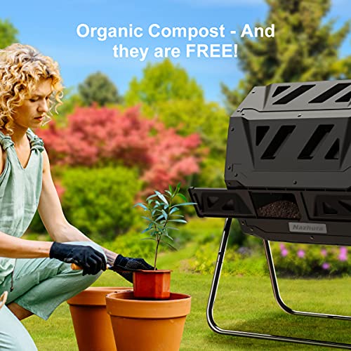 Black Compost Tumbler Bin with Dual Chambers 43 Gallon - Includes Gardening Gloves