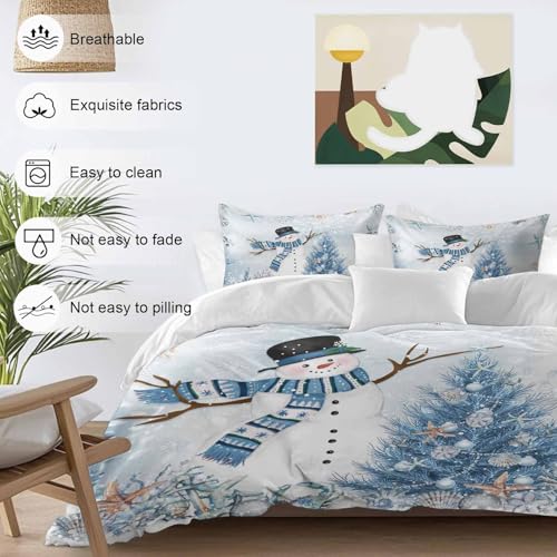 California King Snowman Christmas Bedding Set with Starfish & Tree, Blue