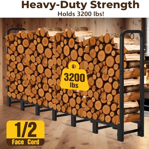 8ft Firewood Log Rack Outdoor Heavy Duty Steel Firewood Holder with Lock Rings