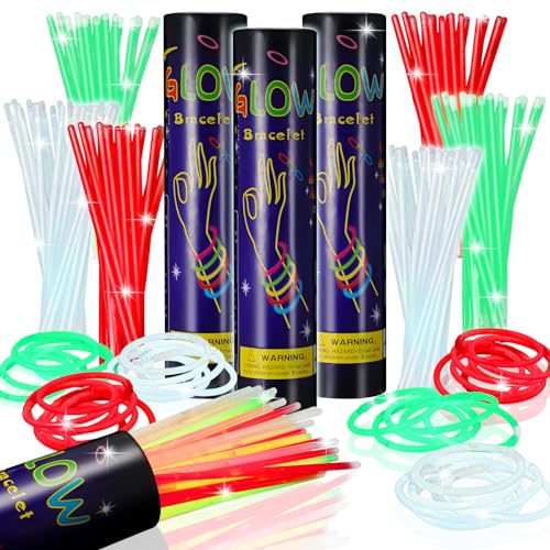 300 Pcs Glow Sticks Bulk Party Pack - Red, Green, White with Connectors (8 Inch)