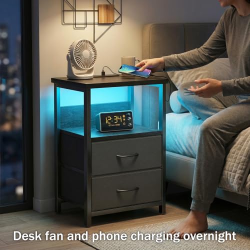 Fixwal Nightstand with Charging Station, 2 Drawers, Black LED Light (15.7"D x 11.8"W x 23.6"H)