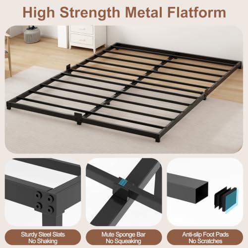 King Size Low Profile Bed Frame - 3 Inch Noise-Free Steel Platform, Heavy Duty Support