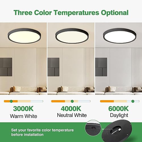 Black 12-Pack LED Flush Mount Ceiling Light - 24W, 2520LM, 3CCT, Slim & Waterproof