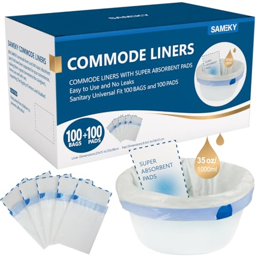 Sameky Bedside Commode Liners with Absorbent Pads 1 Pack of 100 - Universal Fit