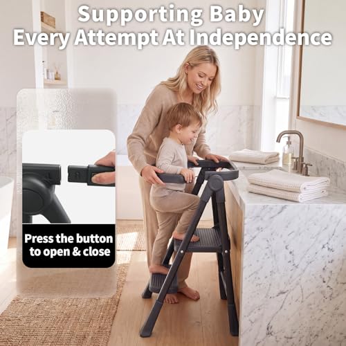 Foldable Toddler Standing Tower - Black Kitchen Step Stool for Kids 1.5-6 Years