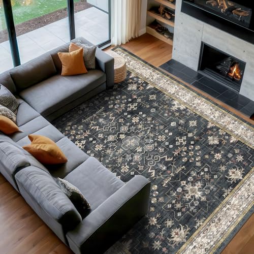 Ashen Multi 5x7 Boho Living Room Rug - Washable Vintage Non-Slip Carpet