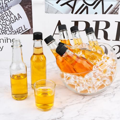 GUANENA 35 Pack 5oz Hot Sauce Bottles with Black Caps & Shrink Capsules, Clear Glass Woozy Bottles + Funnel & Twine
