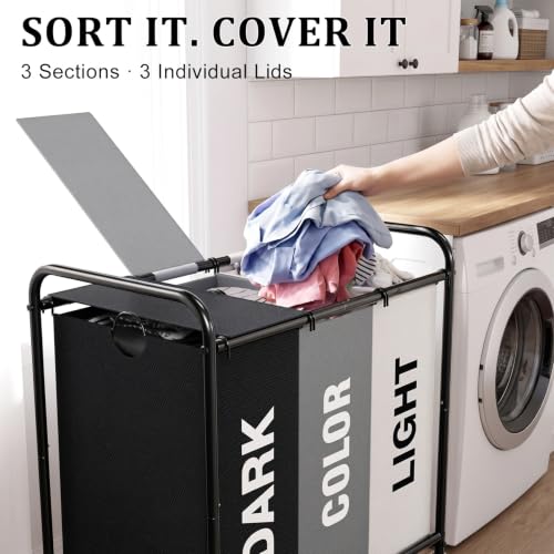 YKDIRECT 180L Multicolor 3-Section Laundry Hamper with Wheels & Lid - 47.55Gal Capacity