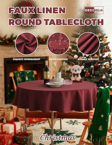 Decorelia Burgundy Waterproof Round Tablecloth for 2-4 Seats, 60 Inch Dining & Holiday Use
