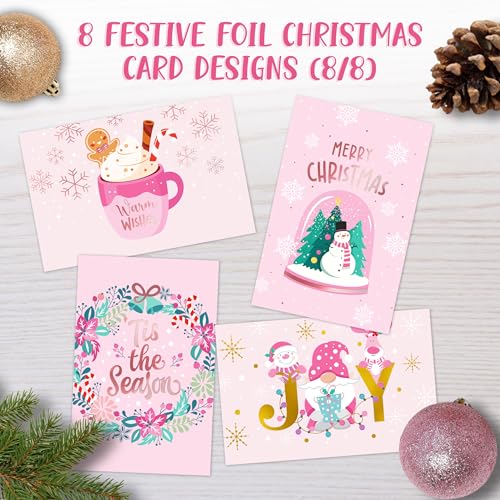 Pink Foiled Christmas Cards 24-Pack with Envelopes 6x4in