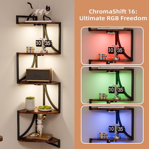HAAYOT Curved Frame Corner Shelf Wall Mounted with Lights - 5-Tier Floating Metal Shelves, Rustic Brown