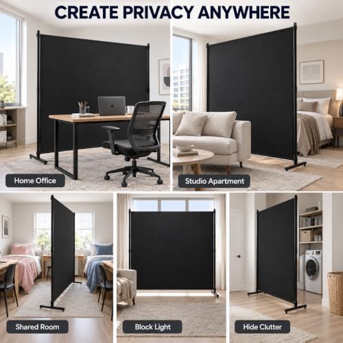 FCCRETA Black Room Divider 72x72 Inch Privacy Screen with Thickened Fabric