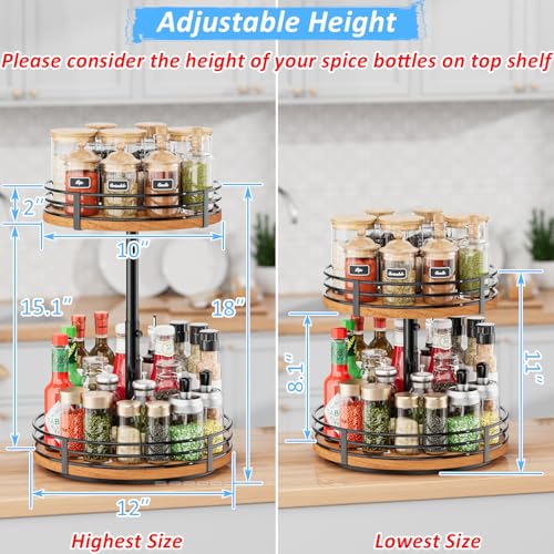 Adjustable 12 Inch 2 Tier Wooden Lazy Susan Turntable Organizer for Kitchen & Home Storage