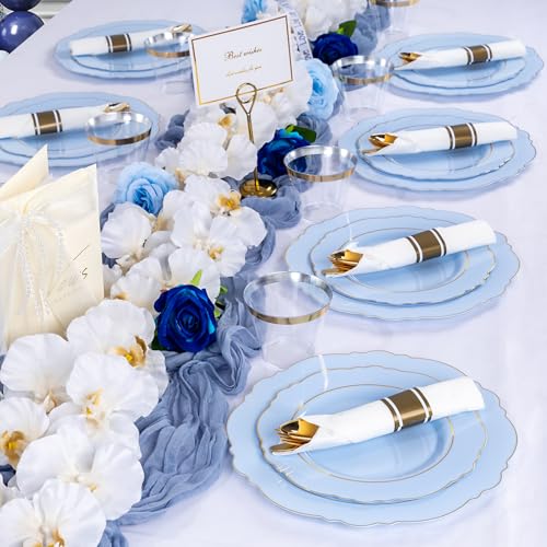 Light Blue 350PCS Disposable Plastic Plates Set for Wedding & Party