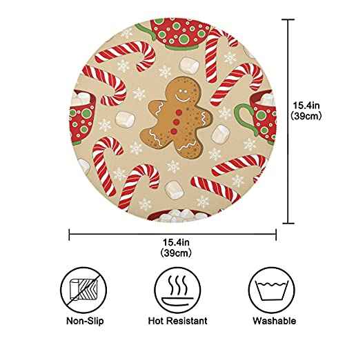 Aslsiy Christmas Gingerbread Man Round Placemats Set of 4 Winter Snowflakes Table Mats for Kitchen Non-Slip Cane Candy Brown Place Mats for Home Holiday Party Decor 15 inch