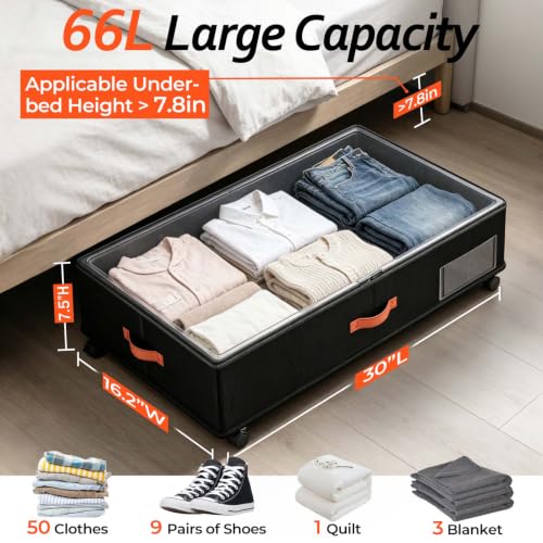 Tsinglax 66L Under Bed Storage Containers 4-Pack with Wheels, Black, 30" x 16" x 7.5"