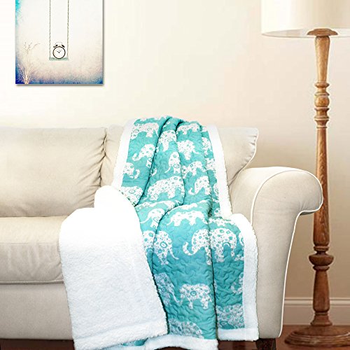 Lush Decor Elephant Parade Sherpa Throw Blanket 50" W x 60" L, Aqua - Elephant Blanket for Kids - Plush Throw Blankets for Bed - Blue Couch Blankets