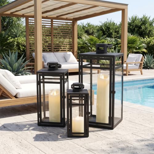 Black Stainless Steel Lanterns Set of 3 Outdoor & Indoor Candle Holders - Farmhouse Decor