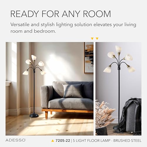 Adesso Silver Floor Lamp with 5 Movable Shades & Adjustable Brightness