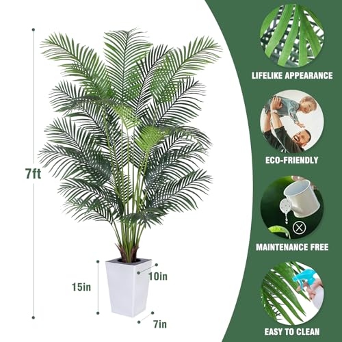 7ft Artificial Palm Tree with White Tall Planter, Lifelike Indoor Outdoor Decor