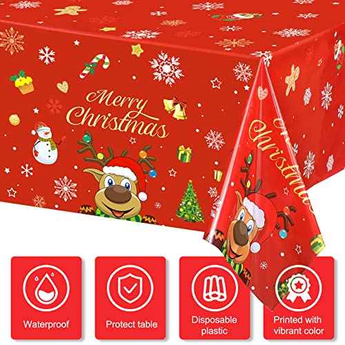 Irenare Christmas Tablecloth Plastic Reindeer Tablecloth Elk Merry Christmas Table Cover for Xmas Dinner Winter Holiday Party Decoration and Supplies, 54 x 108 Inch(3 Pieces)