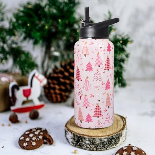 TWBDMKC 32oz Christmas Tree Insulated Water Bottle with Straw - Pink, Gift for Women